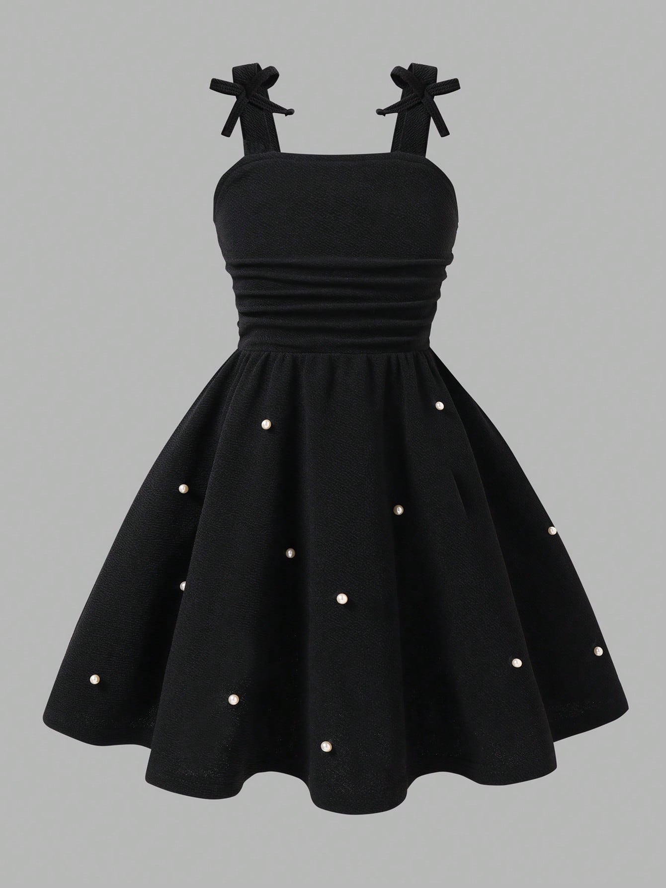 Girls Pearl-Beaded Bow Strap Flared Midi Dress - Onyx