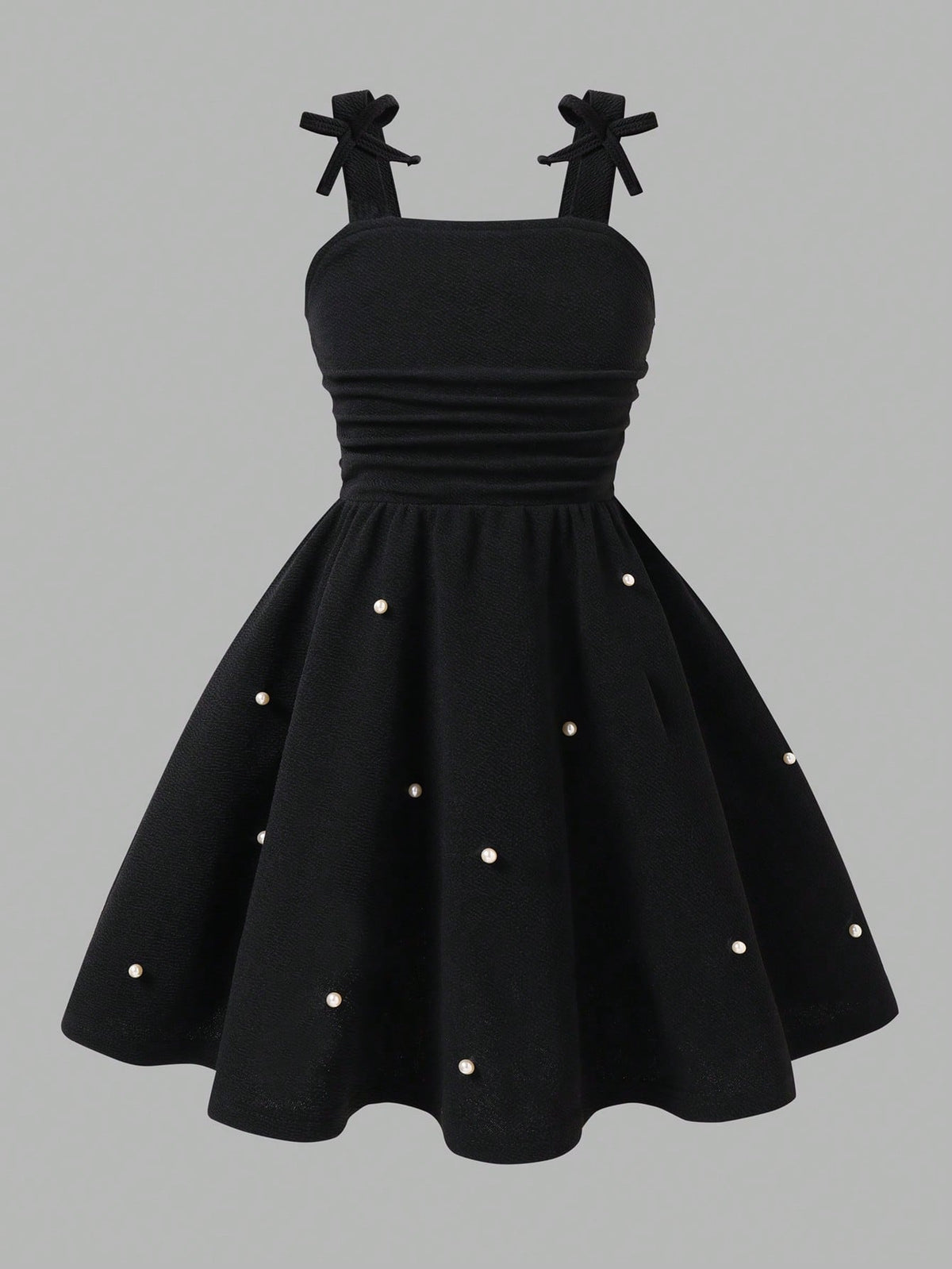 Girls Pearl-Beaded Bow Strap Flared Midi Dress - Onyx