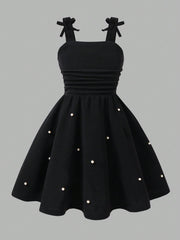 Girls Pearl-Beaded Bow Strap Flared Midi Dress - Onyx
