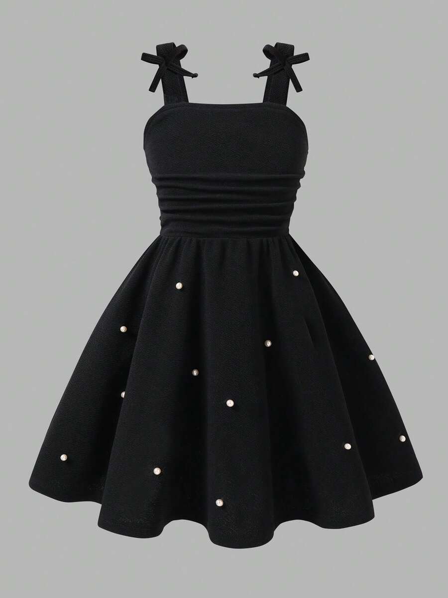 Girls Pearl-Beaded Bow Strap Flared Midi Dress - Onyx