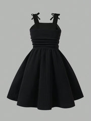 Girls Pearl-Beaded Bow Strap Flared Midi Dress - Onyx
