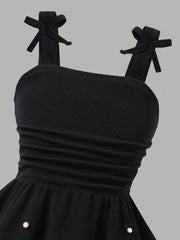 Girls Pearl-Beaded Bow Strap Flared Midi Dress - Onyx