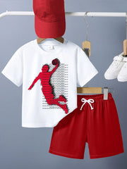 2pcs Boys Basketball Graphic Tee & Shorts Set - Ivory