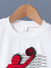 2pcs Boys Basketball Graphic Tee & Shorts Set - Ivory