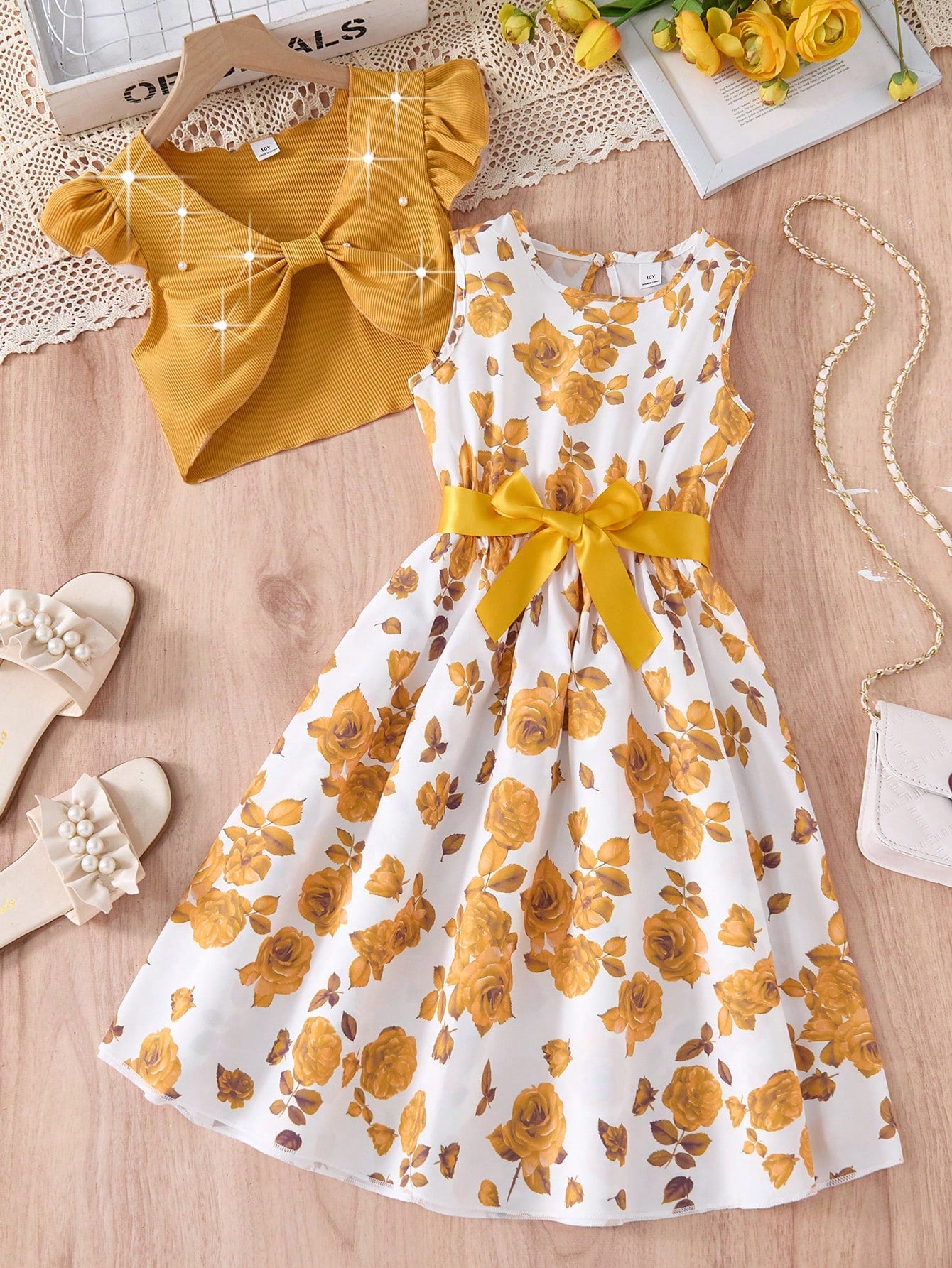 2pcs Big Girls Pearl-Trim Crop Top & Floral Dress Set - Isabelline ...