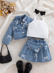 3pcs Girls Bow Print Denim Jacket & Skirt Set - Chambray | 21 Centu...
