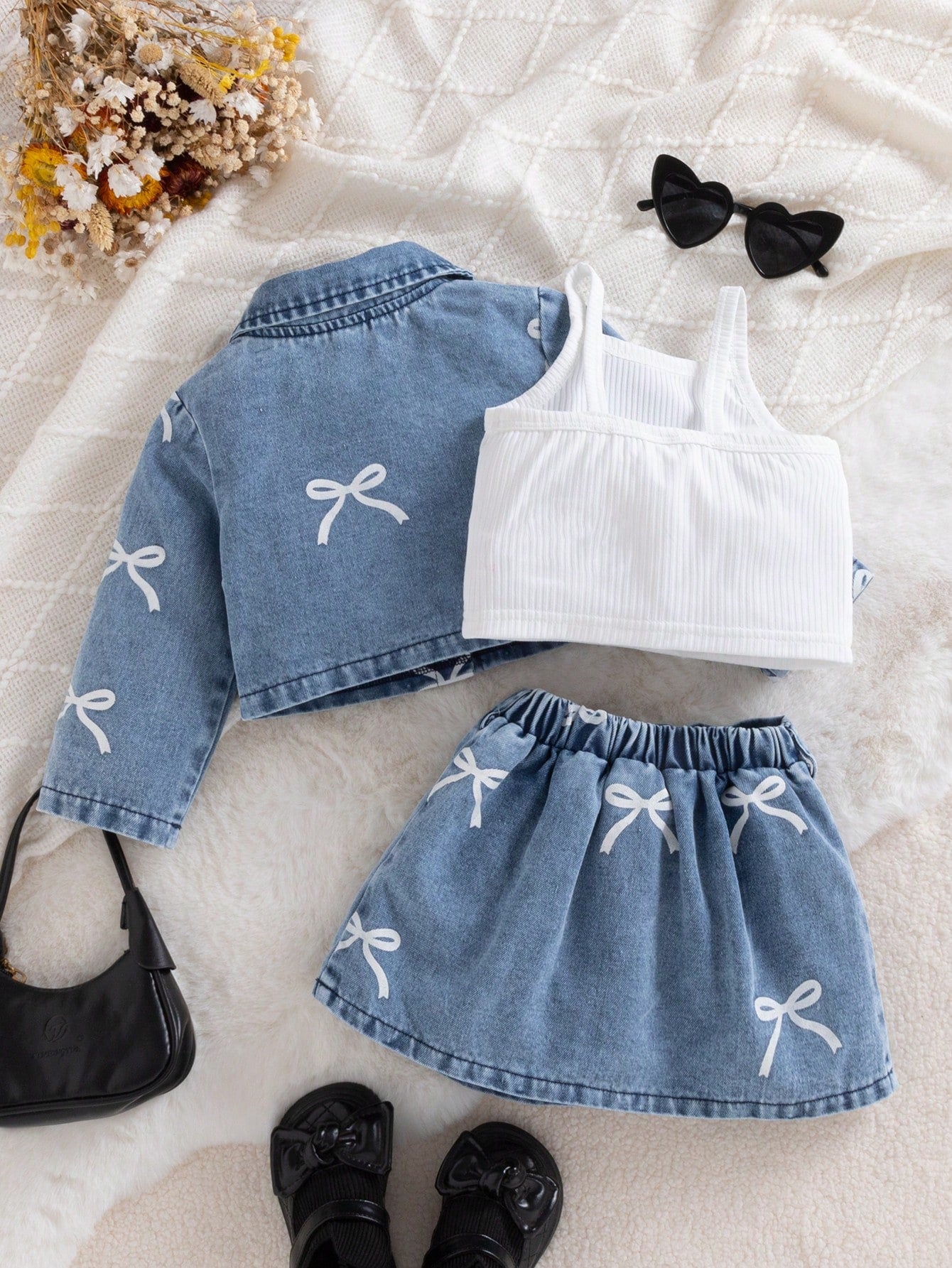 3pcs Girls Bow Print Denim Jacket & Skirt Set - Chambray | 21 Centu...