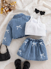 3pcs Girls Bow Print Denim Jacket & Skirt Set - Chambray | 21 Centu...