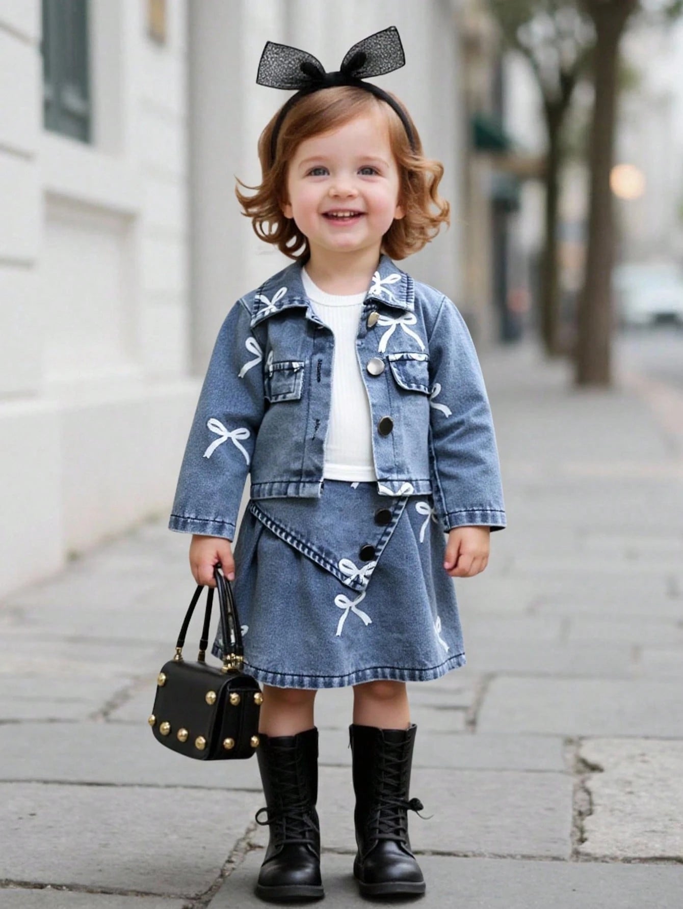 3pcs Girls Bow Print Denim Jacket & Skirt Set - Chambray | 21 Centu...