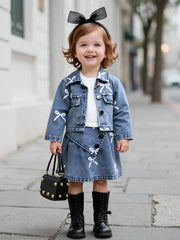 3pcs Girls Bow Print Denim Jacket & Skirt Set - Chambray | 21 Centu...
