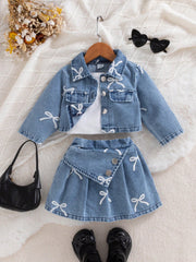 3pcs Girls Bow Print Denim Jacket & Skirt Set - Chambray | 21 Centu...