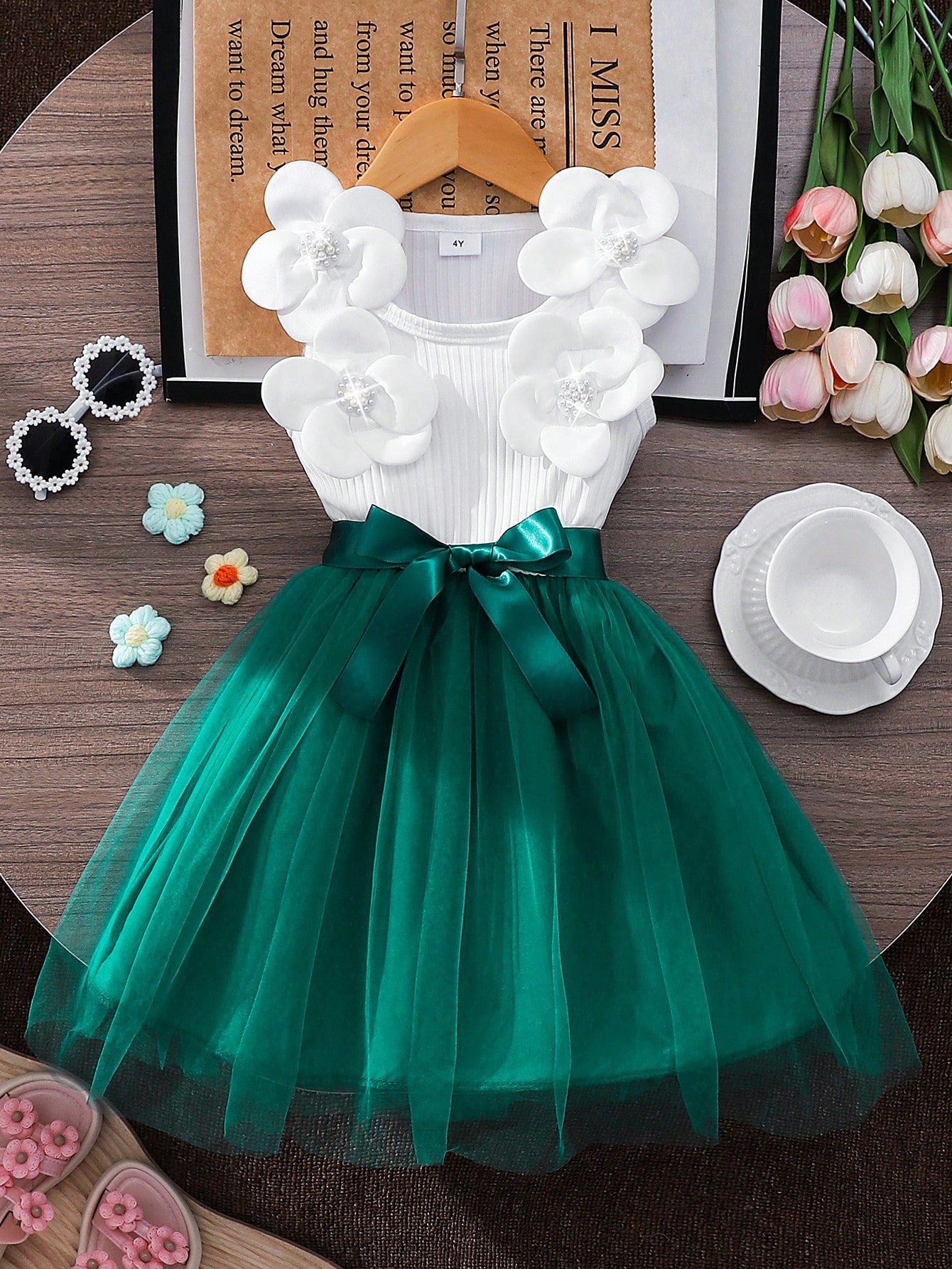 Girls 3D Floral Appliqué Tulle Fit & Flare Dress - Emerald