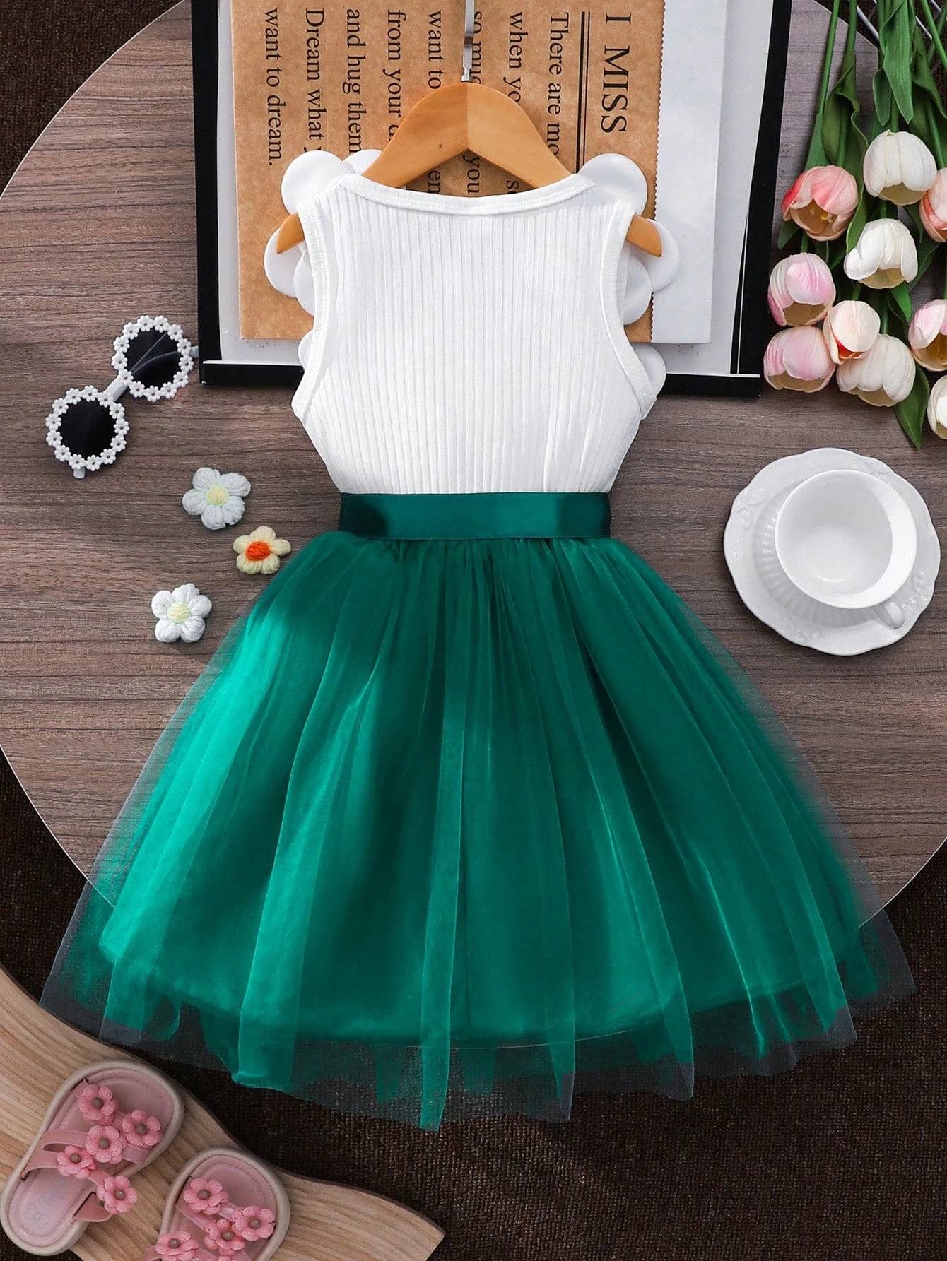 Girls 3D Floral Appliqué Tulle Fit & Flare Dress - Emerald