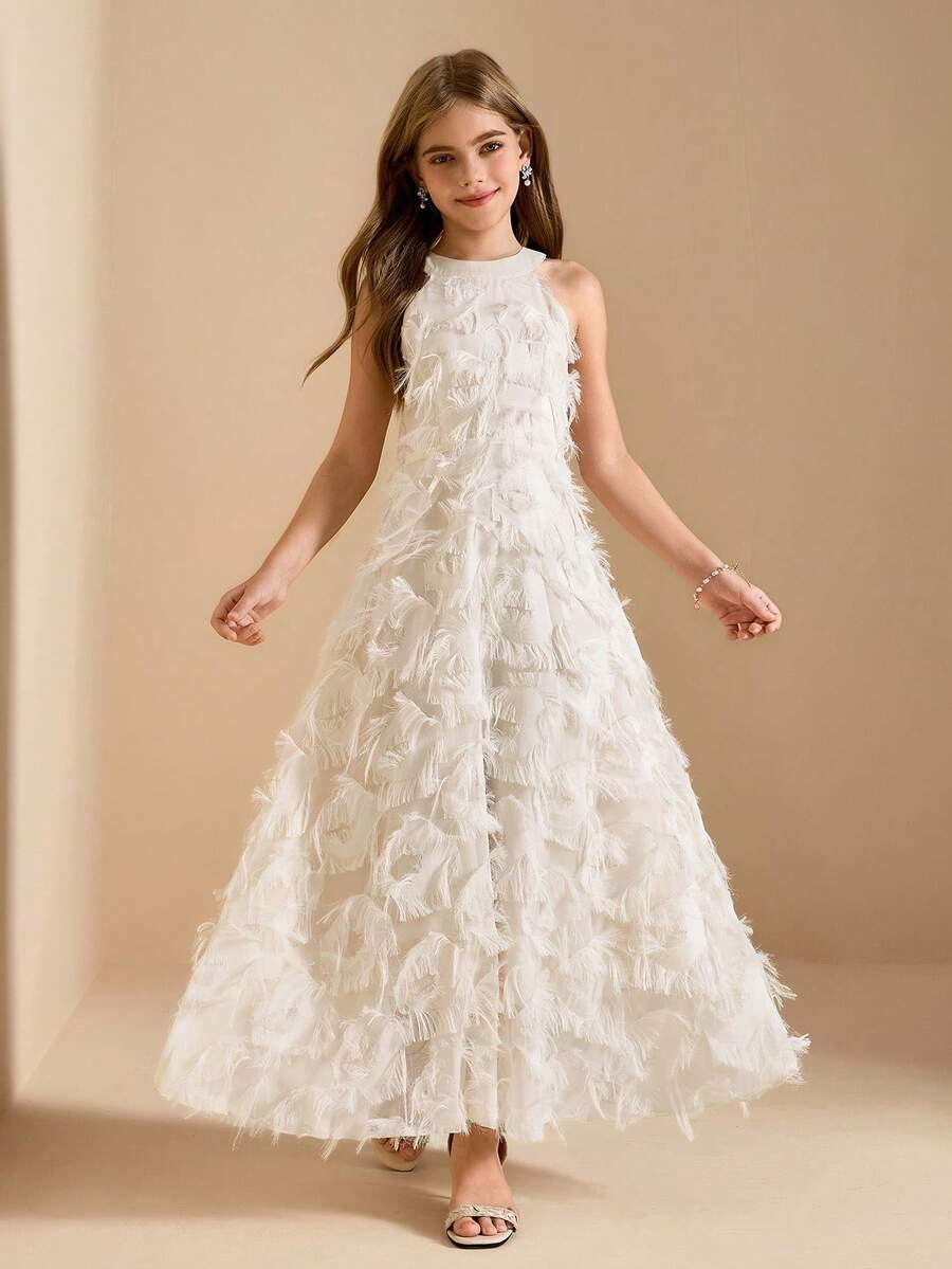 Big Girls Feather-Textured Halter Neck A-Line Gown - Ivory | 21 Cen...