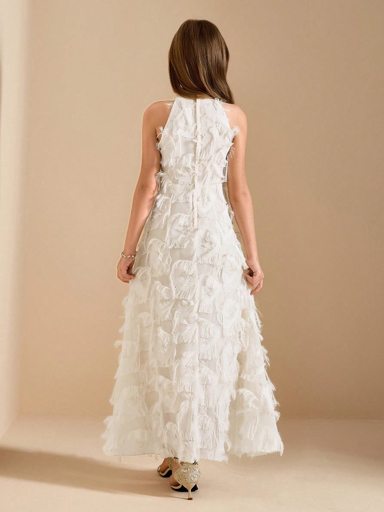 Big Girls Feather-Textured Halter Neck A-Line Gown - Ivory | 21 Cen...