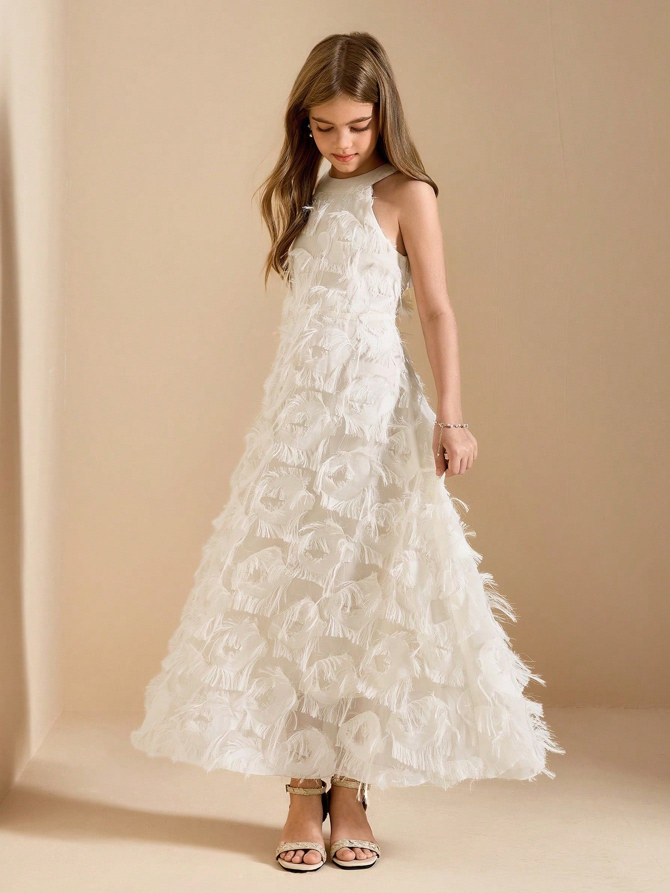 Big Girls Feather-Textured Halter Neck A-Line Gown - Ivory | 21 Cen...