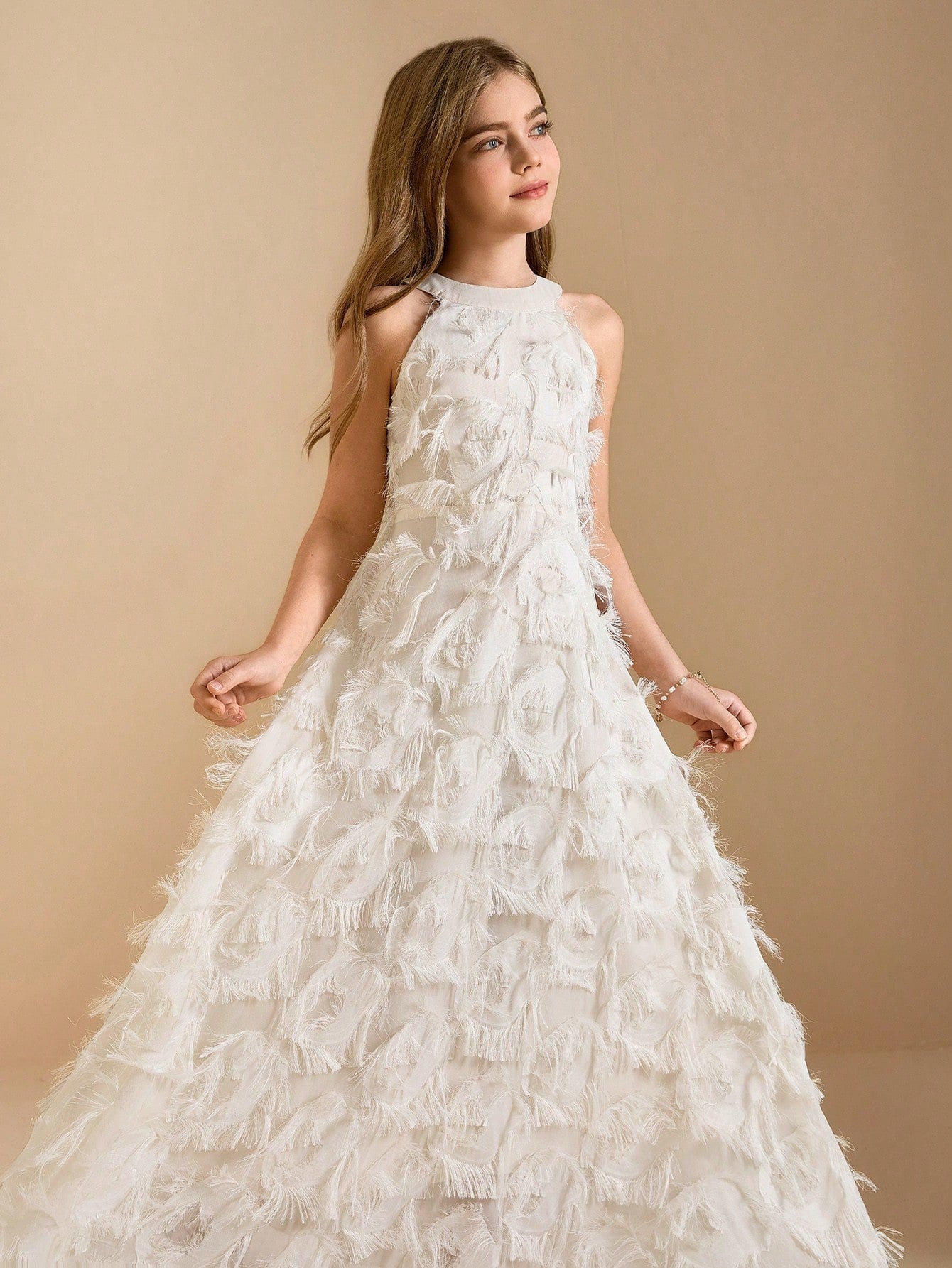 Big Girls Feather-Textured Halter Neck A-Line Gown - Ivory | 21 Cen...