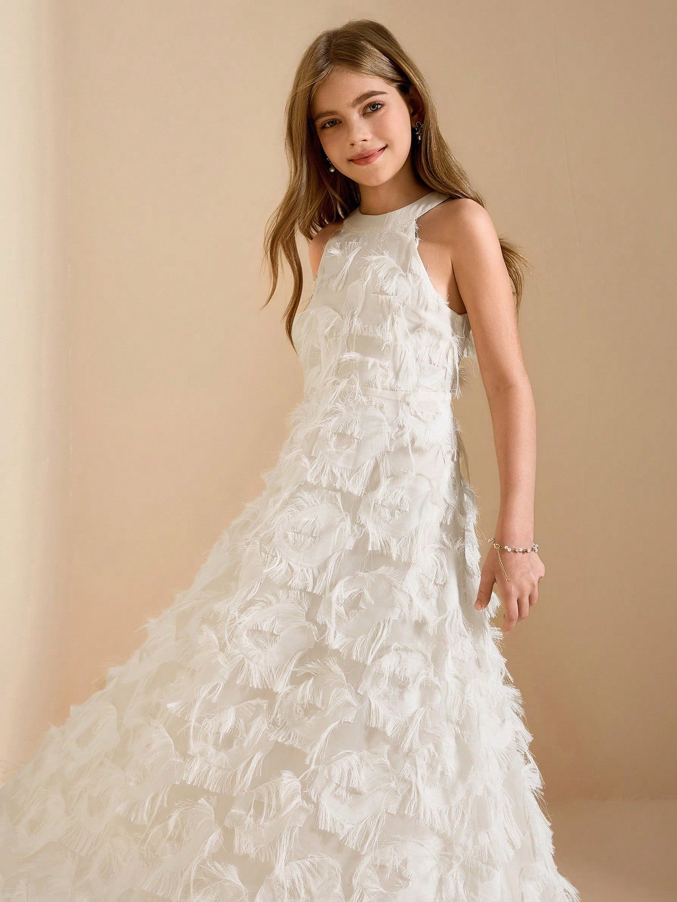 Big Girls Feather-Textured Halter Neck A-Line Gown - Ivory | 21 Cen...