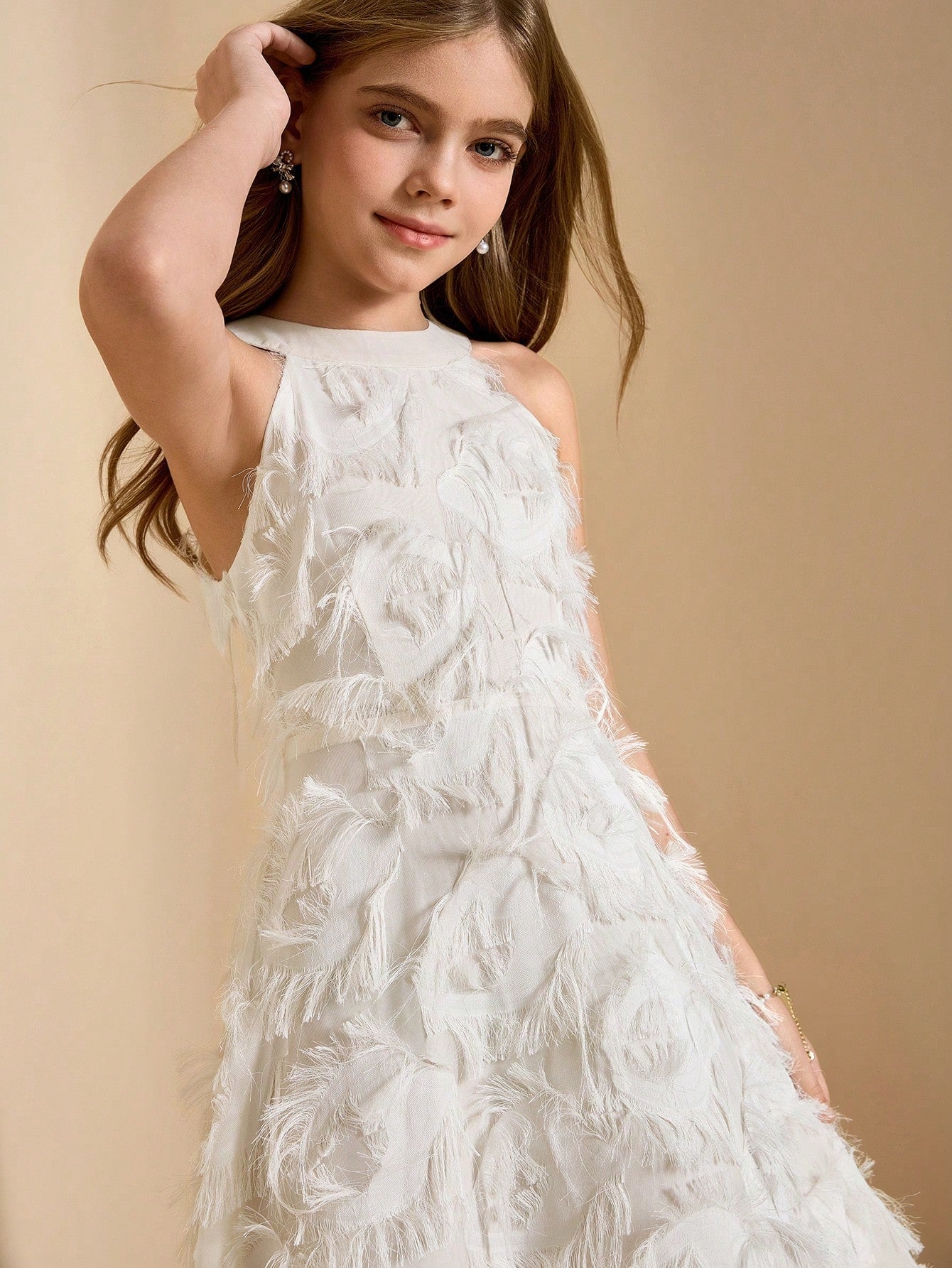 Big Girls Feather-Textured Halter Neck A-Line Gown - Ivory | 21 Cen...