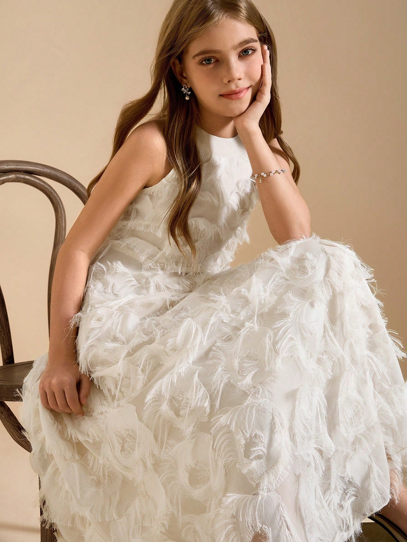 Big Girls Feather-Textured Halter Neck A-Line Gown - Ivory | 21 Cen...