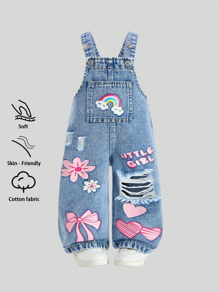 Girls Rainbow Graphic Ripped Denim Bib Overall - Chambray | 21 Cent...