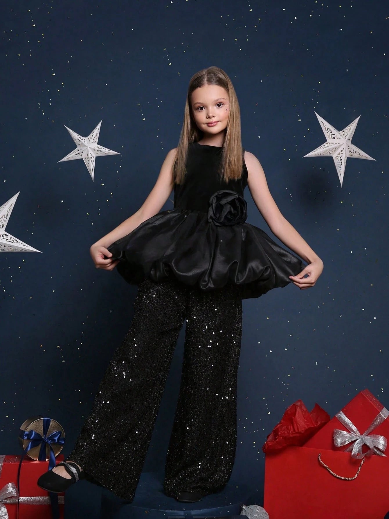 2pcs Big Girls Velvet Peplum Top & Sequin Wide-Leg Pants Set - Onyx...