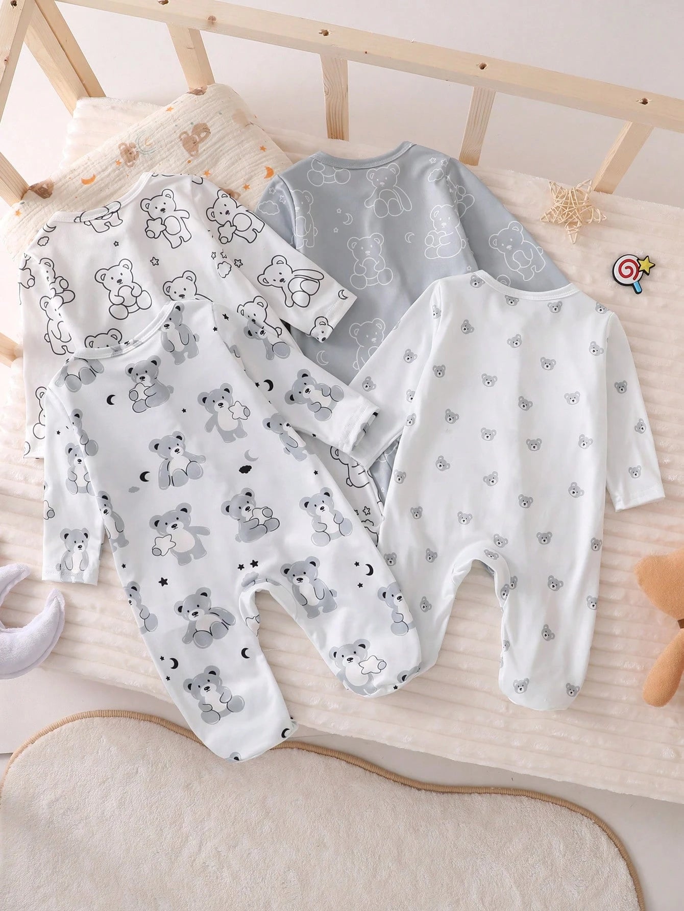 4pcs Baby Boys Bear Print Footed Sleepsuit Set - Ivory | 21 Century...
