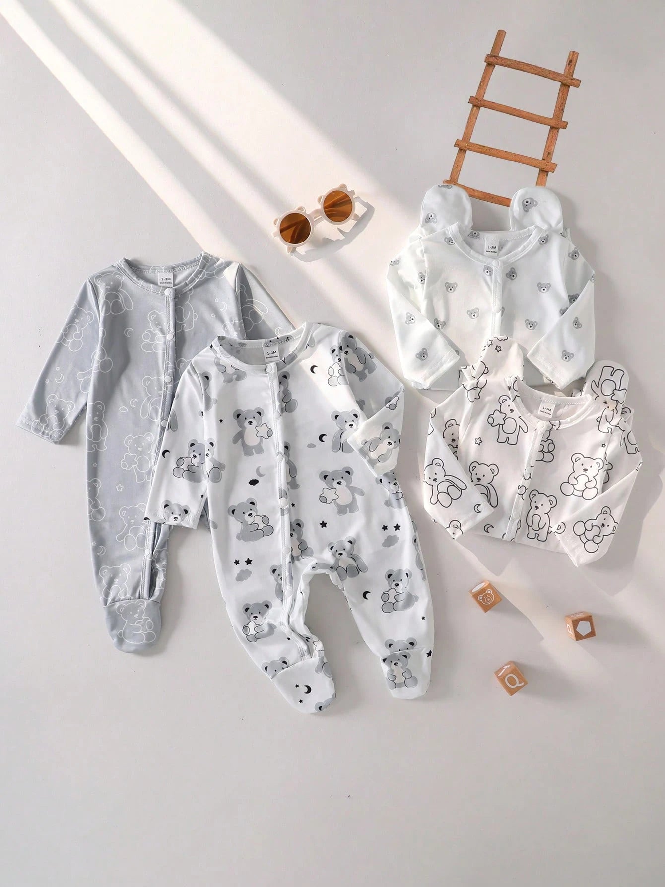 4pcs Baby Boys Bear Print Footed Sleepsuit Set - Ivory | 21 Century...