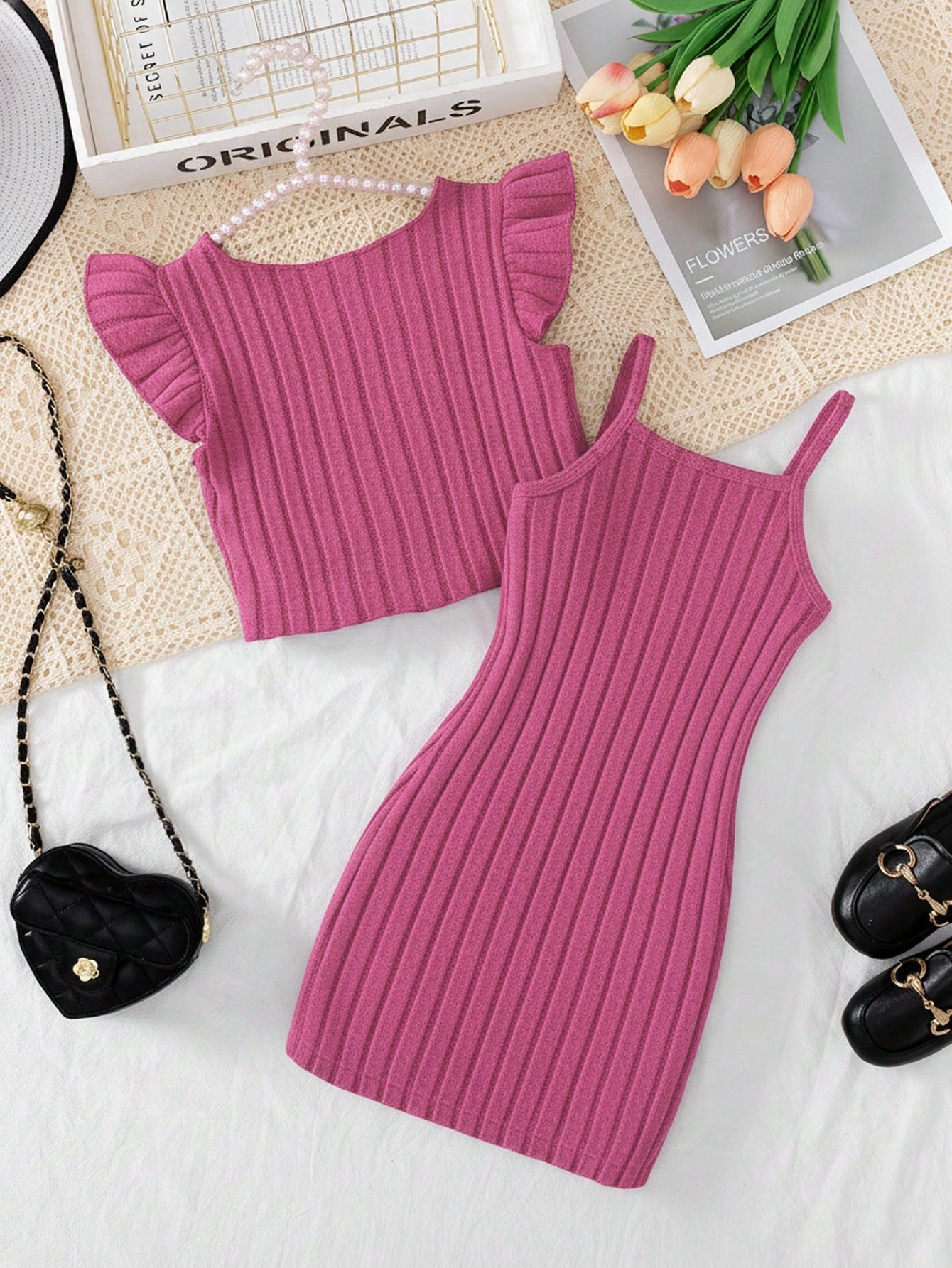 2pcs Girls Bow Ruffle Crop Top & Slip Dress Set - Magenta Rose | 21...