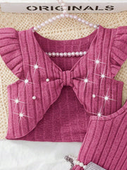 2pcs Girls Bow Ruffle Crop Top & Slip Dress Set - Magenta Rose | 21...
