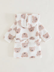 Baby Unisex Bear Print Fleece Hooded Tie-Front Robe - Ivory | 21 Ce...
