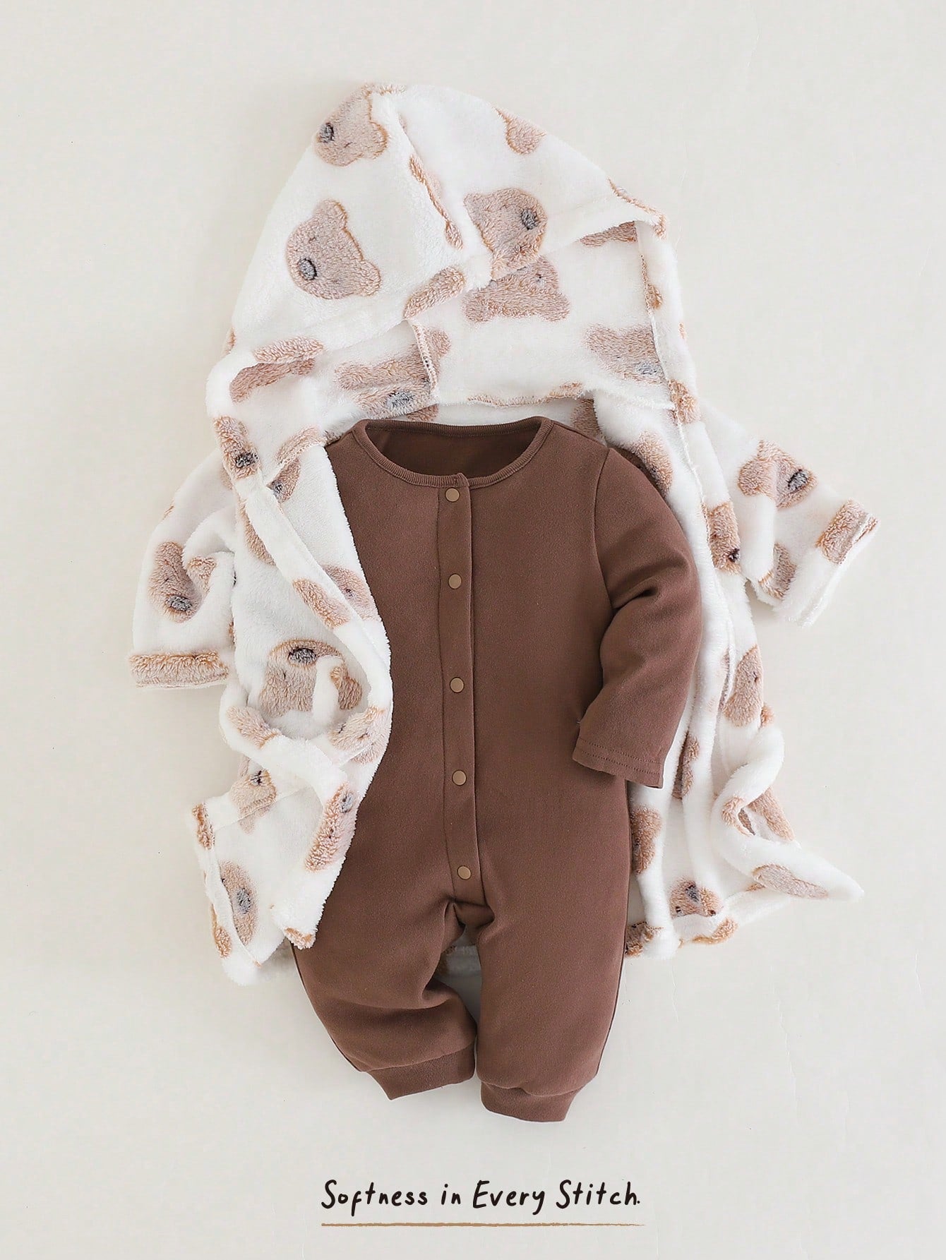Baby Unisex Bear Print Fleece Hooded Tie-Front Robe - Ivory | 21 Ce...