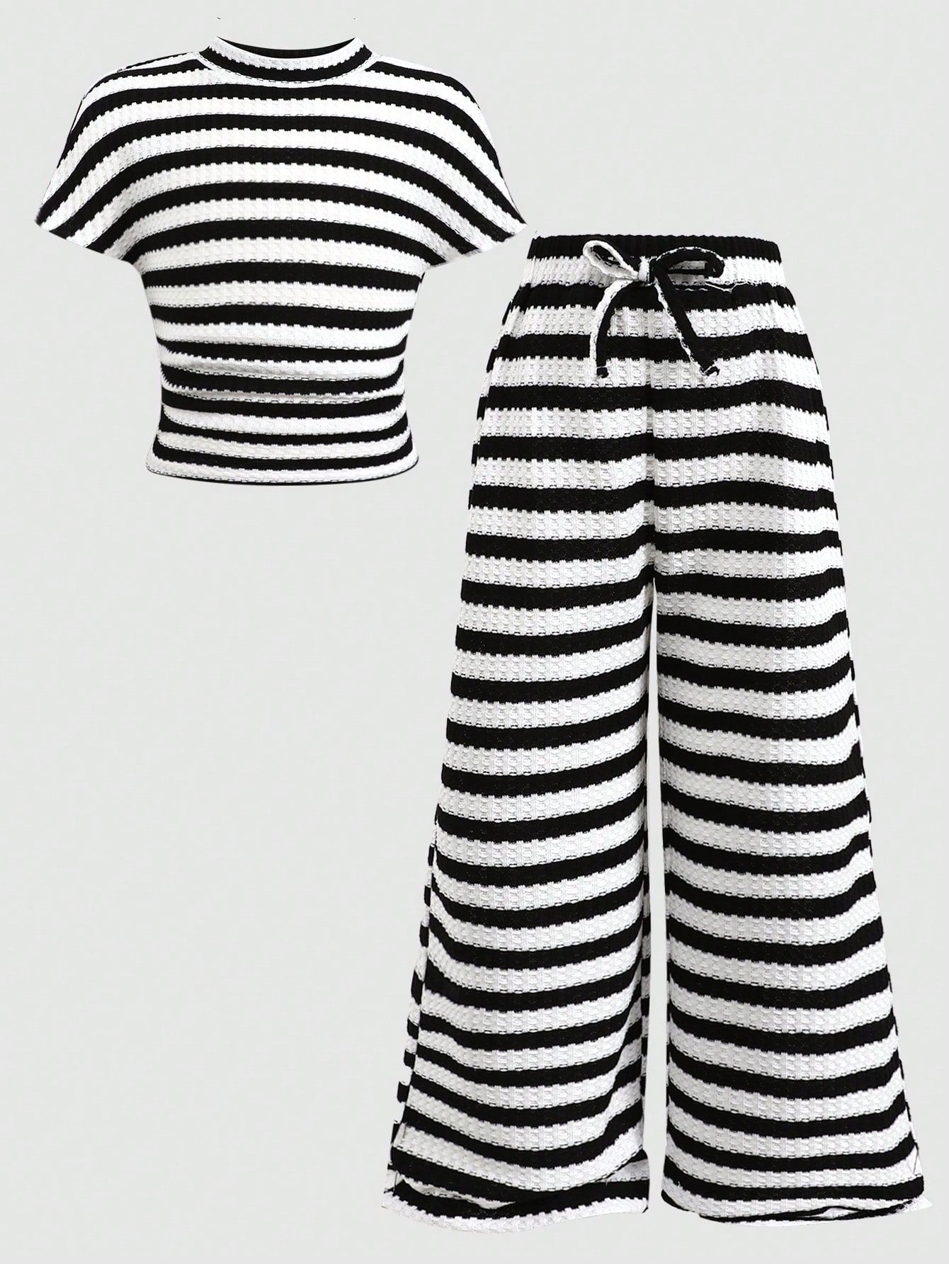 2pcs Girls Striped Waffle Knit Crop Top & Wide-Leg Pants Set - Ivor...