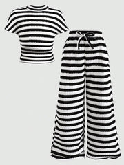 2pcs Girls Striped Waffle Knit Crop Top & Wide-Leg Pants Set - Ivor...