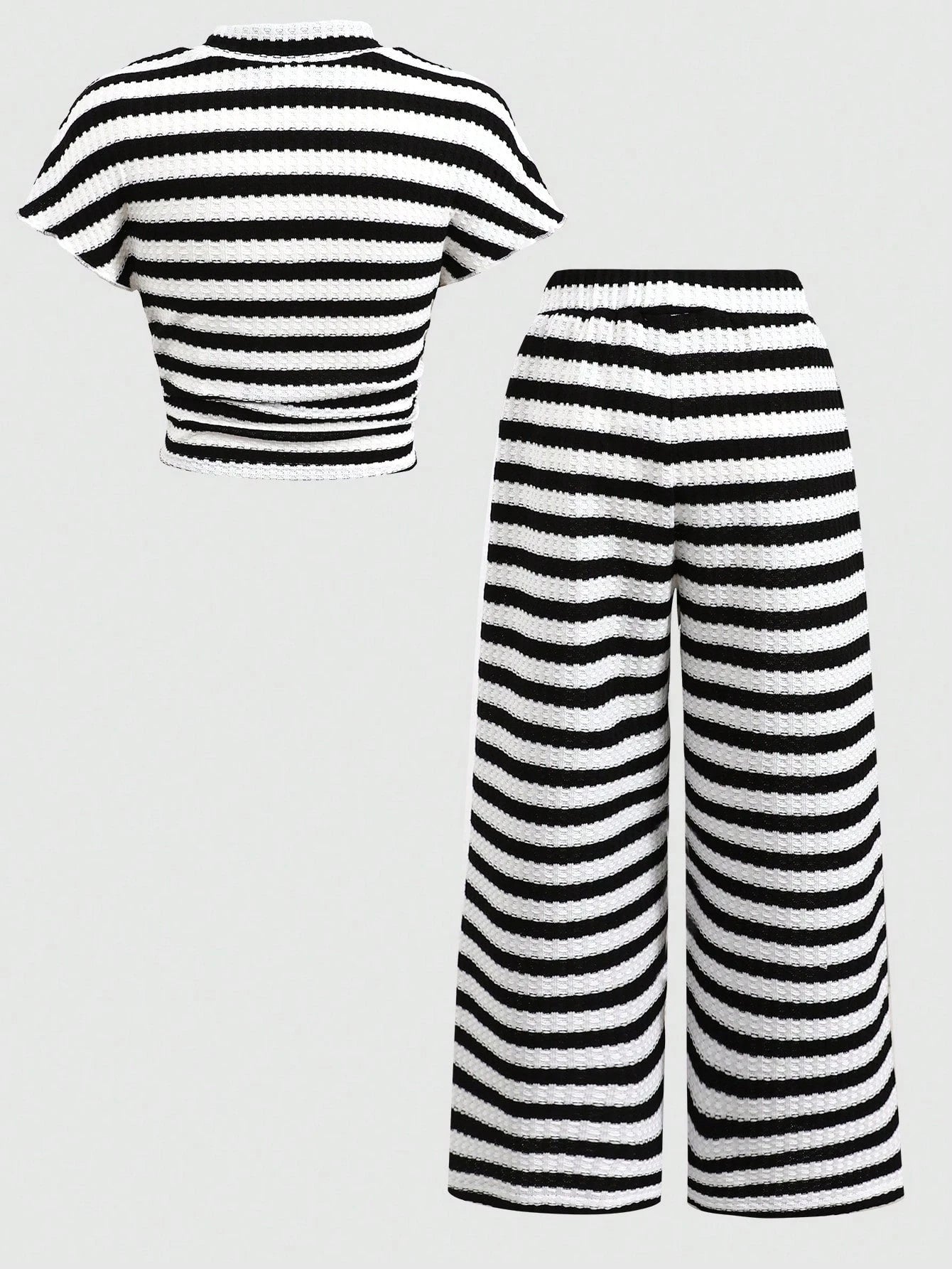 2pcs Girls Striped Waffle Knit Crop Top & Wide-Leg Pants Set - Ivor...