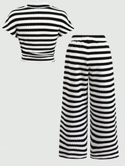 2pcs Girls Striped Waffle Knit Crop Top & Wide-Leg Pants Set - Ivor...