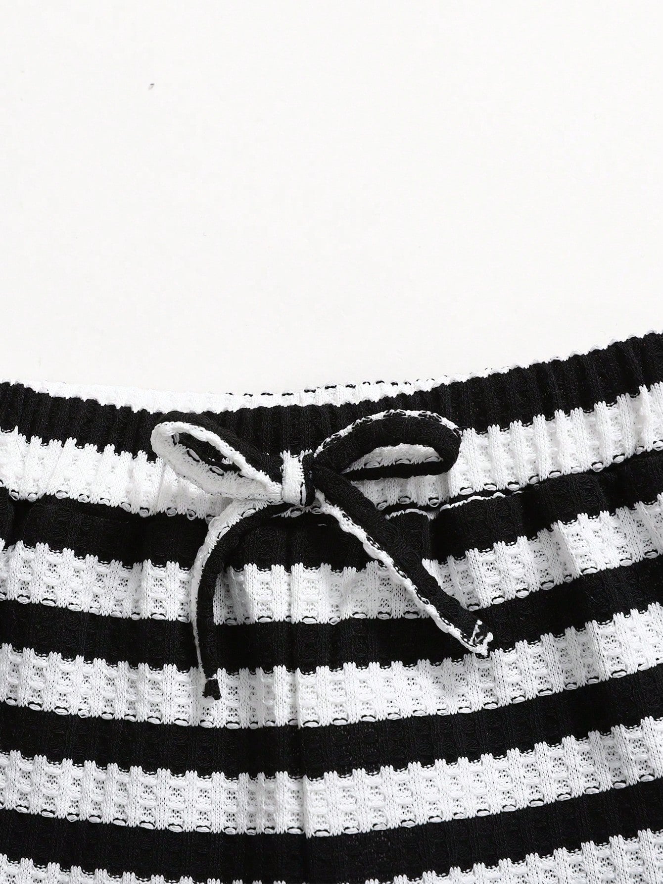 2pcs Girls Striped Waffle Knit Crop Top & Wide-Leg Pants Set - Ivor...
