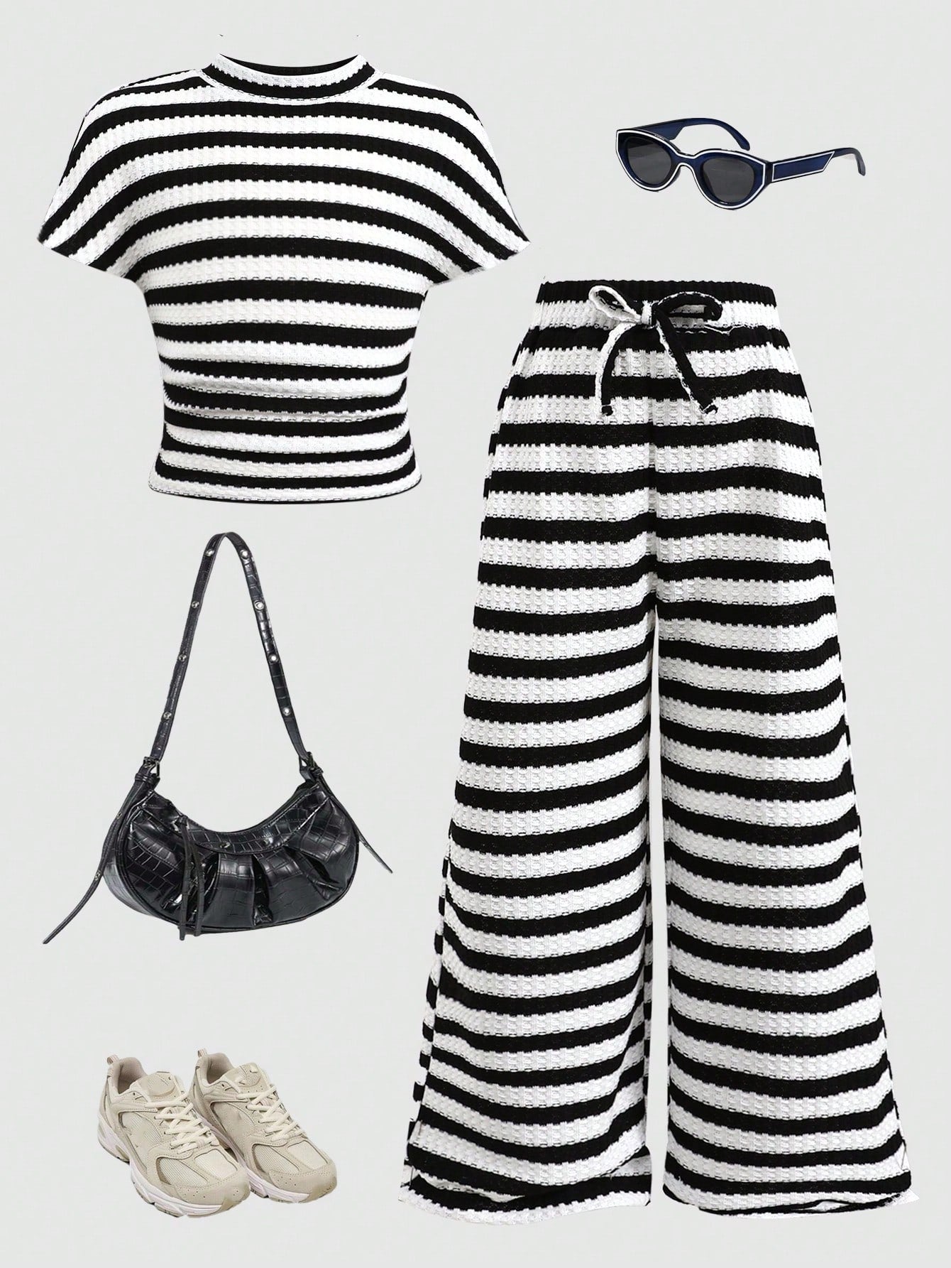 2pcs Girls Striped Waffle Knit Crop Top & Wide-Leg Pants Set - Ivor...