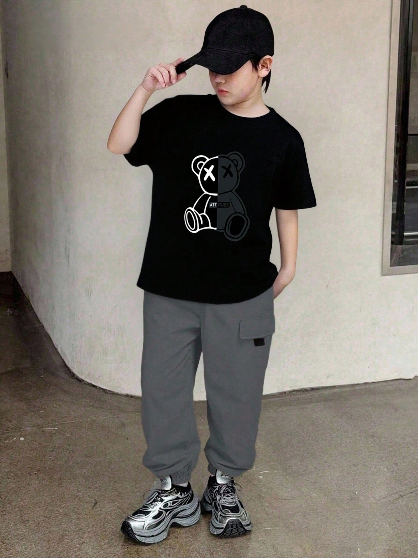 2pcs Big Boys Attitude Bear Graphic Tee & Cargo Jogger Set - Onyx |...