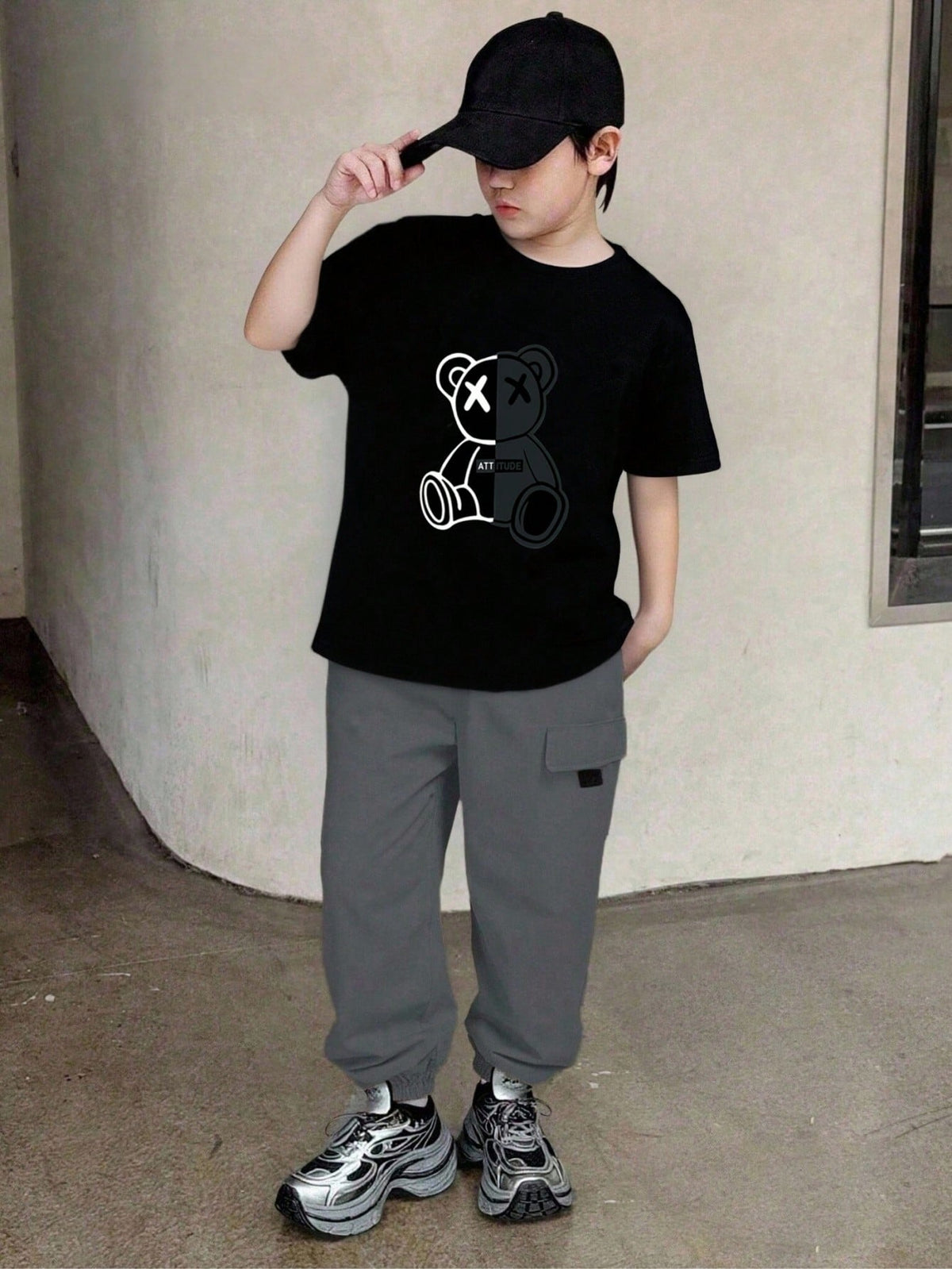 2pcs Big Boys Attitude Bear Graphic Tee & Cargo Jogger Set - Onyx |...