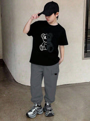 2pcs Big Boys Attitude Bear Graphic Tee & Cargo Jogger Set - Onyx |...