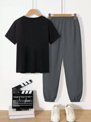 2pcs Big Boys Attitude Bear Graphic Tee & Cargo Jogger Set - Onyx |...