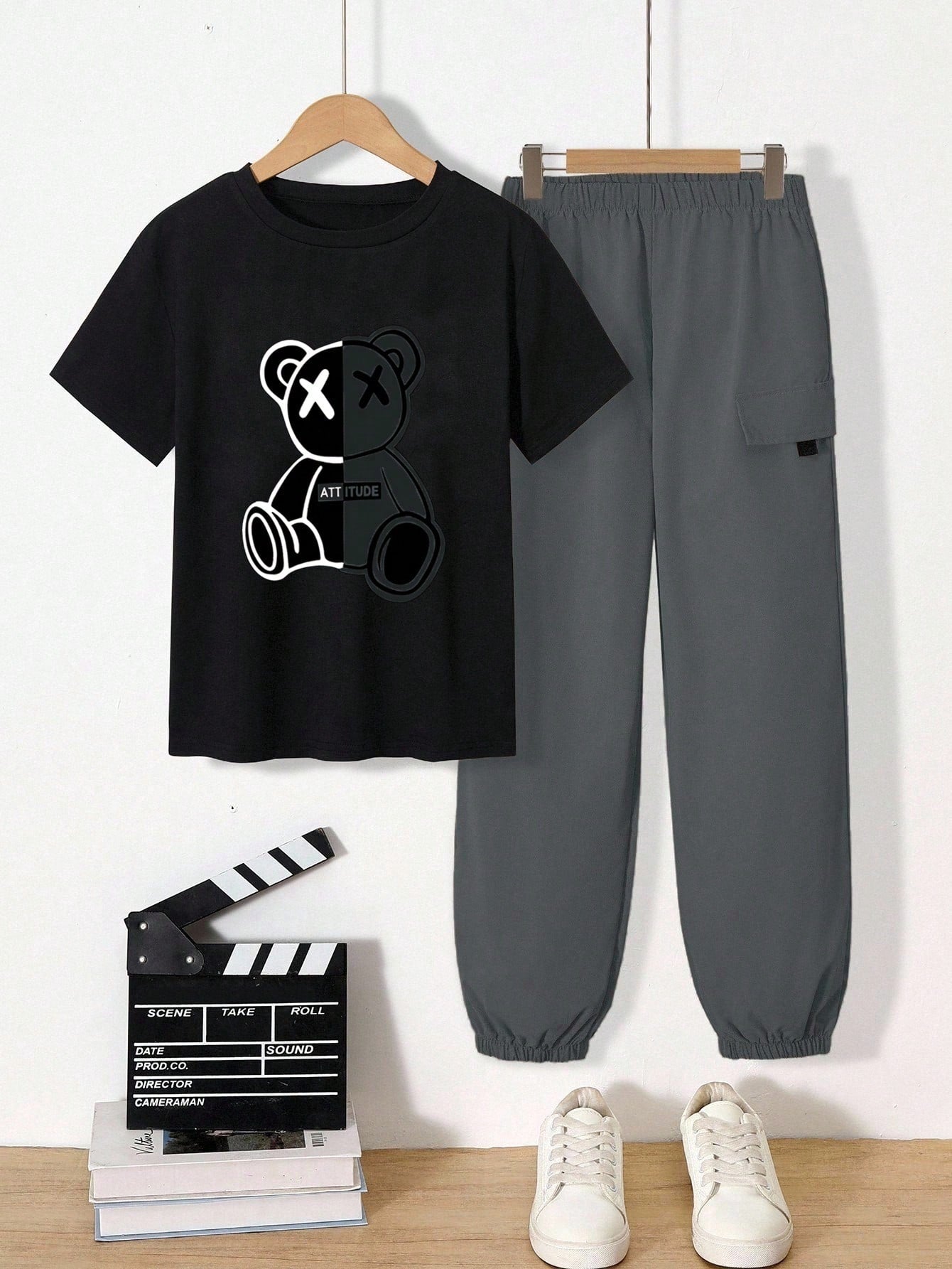 2pcs Big Boys Attitude Bear Graphic Tee & Cargo Jogger Set - Onyx |...