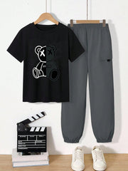 2pcs Big Boys Attitude Bear Graphic Tee & Cargo Jogger Set - Onyx |...