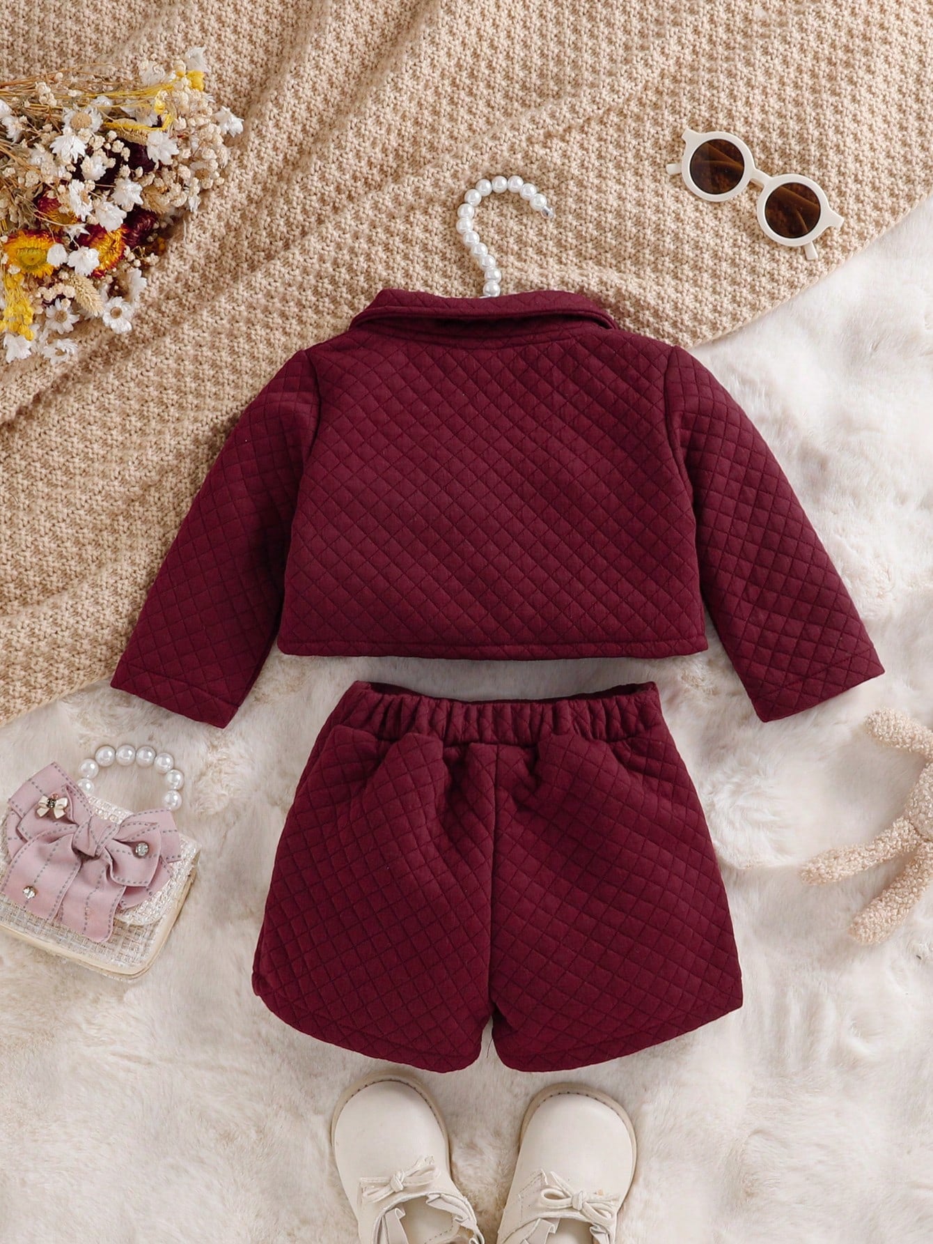 2pcs Girls Quilted Jacket & Shorts Set - Claret | 21 Century Kids
