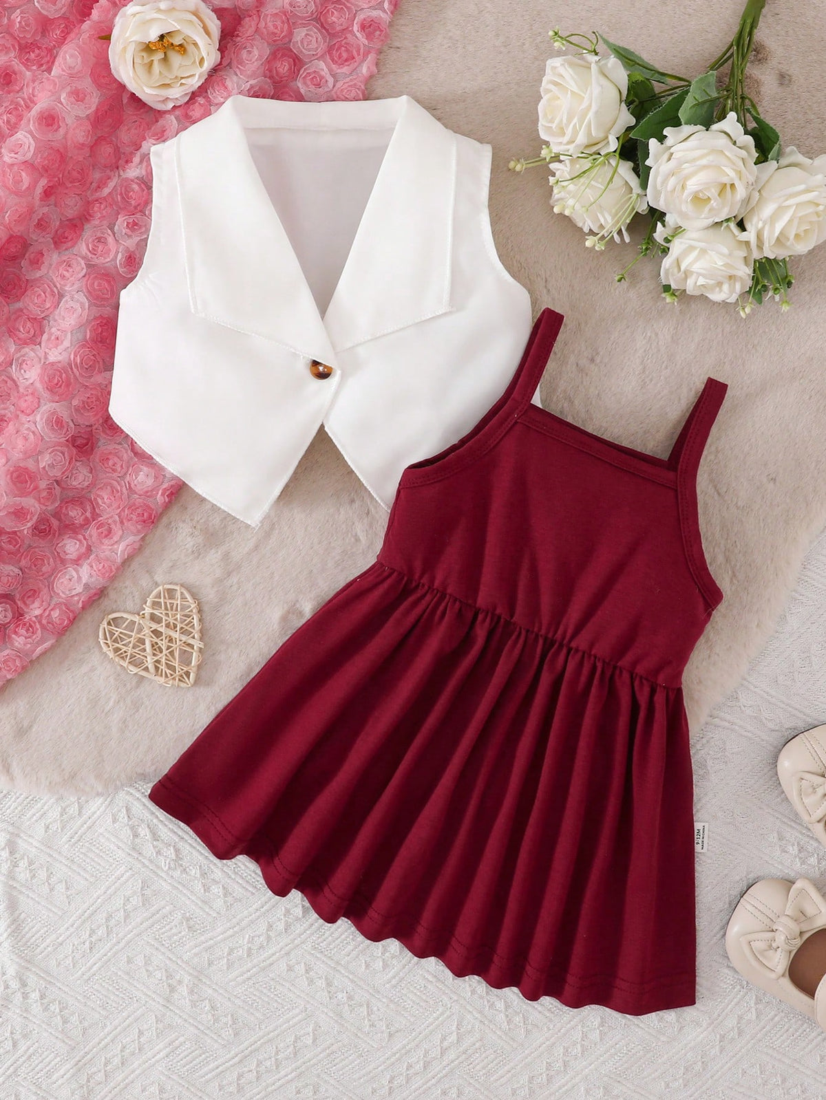 2pcs Girls Lapel Vest & Cami Dress Set - Claret | 21 Century Kids
