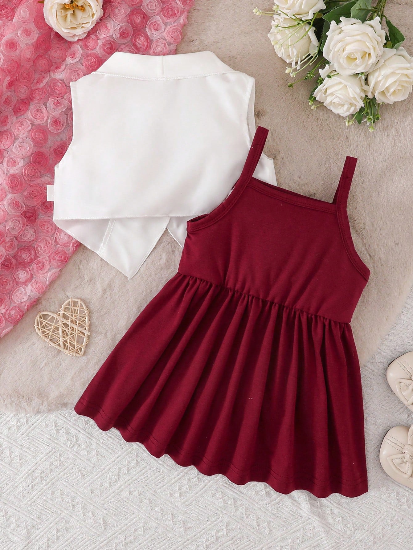 2pcs Girls Lapel Vest & Cami Dress Set - Claret | 21 Century Kids