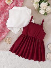 2pcs Girls Lapel Vest & Cami Dress Set - Claret | 21 Century Kids