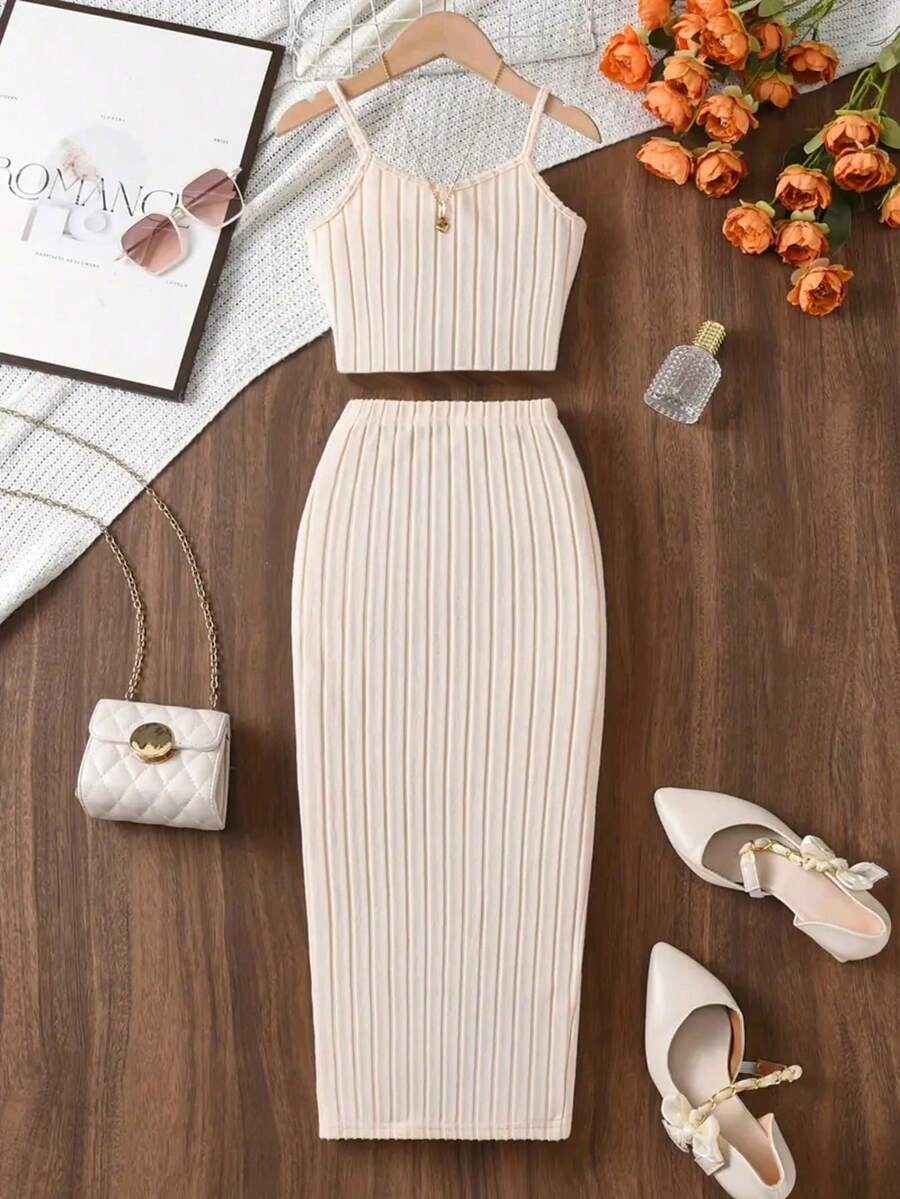 2pcs Big Girls Ribbed Knit Cami Top & Midi Skirt Set - Ecru | 21 Ce...