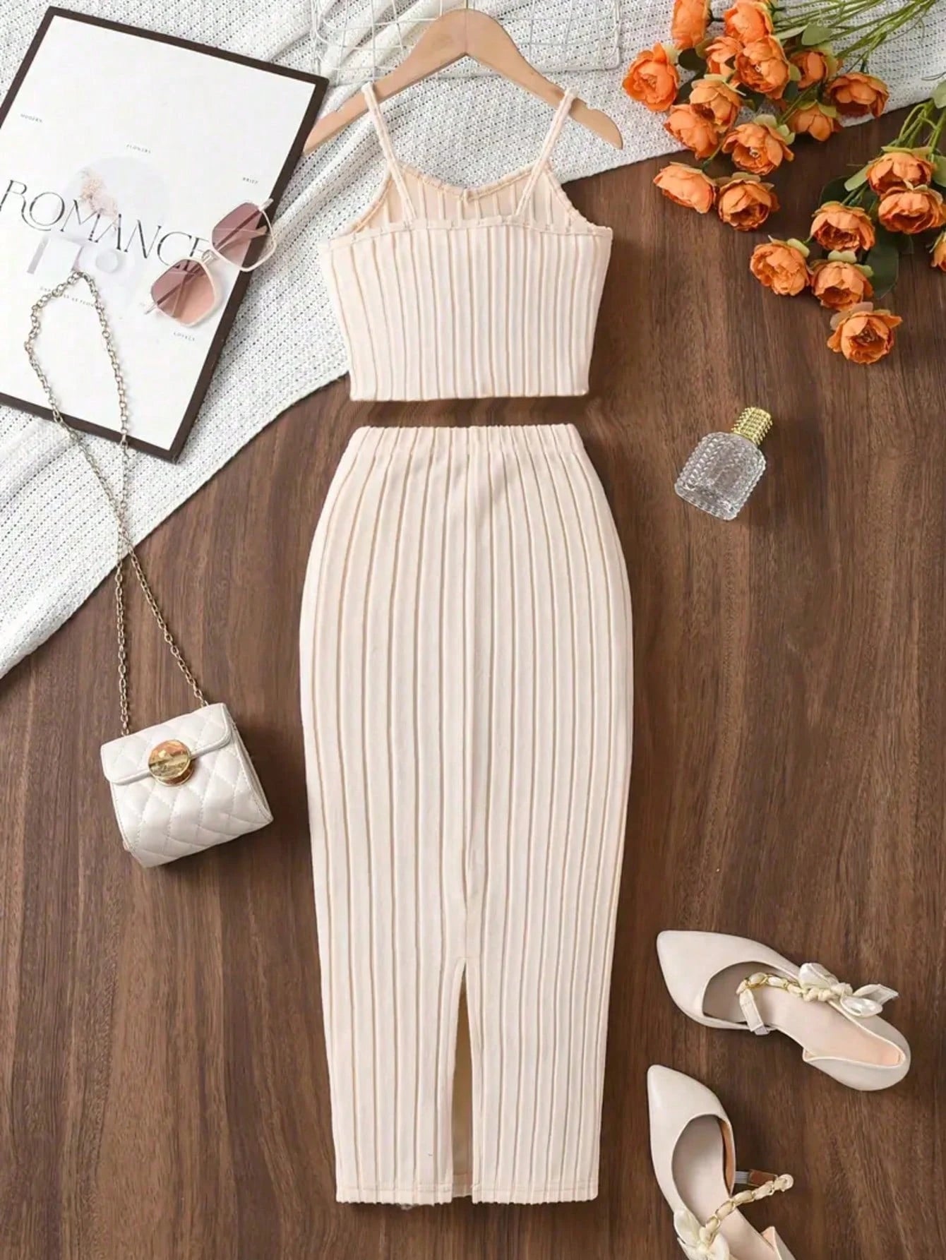 2pcs Big Girls Ribbed Knit Cami Top & Midi Skirt Set - Ecru | 21 Ce...